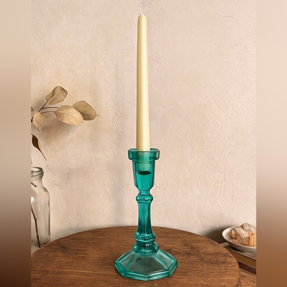 Vintage Teal Turquoise Glass Candlestick Holder | Coastal Beach Vibe | Taper - Picture 1 of 5